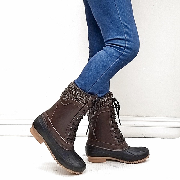 New Brown Sweater Lace Mid-Calf Snow Duck Boots - Picture 3 of 4